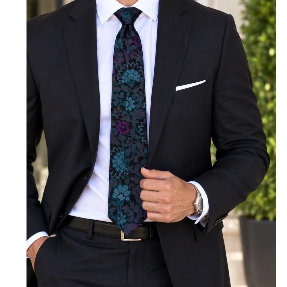 The Tailored Man San Francisco Floral Paisley Brocade Silk Necktie Teal Purple